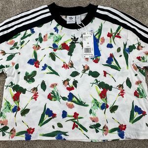 Adidas Womans Size Medium Top Cropped AOP T-shirt Floral Flowered White Stripes